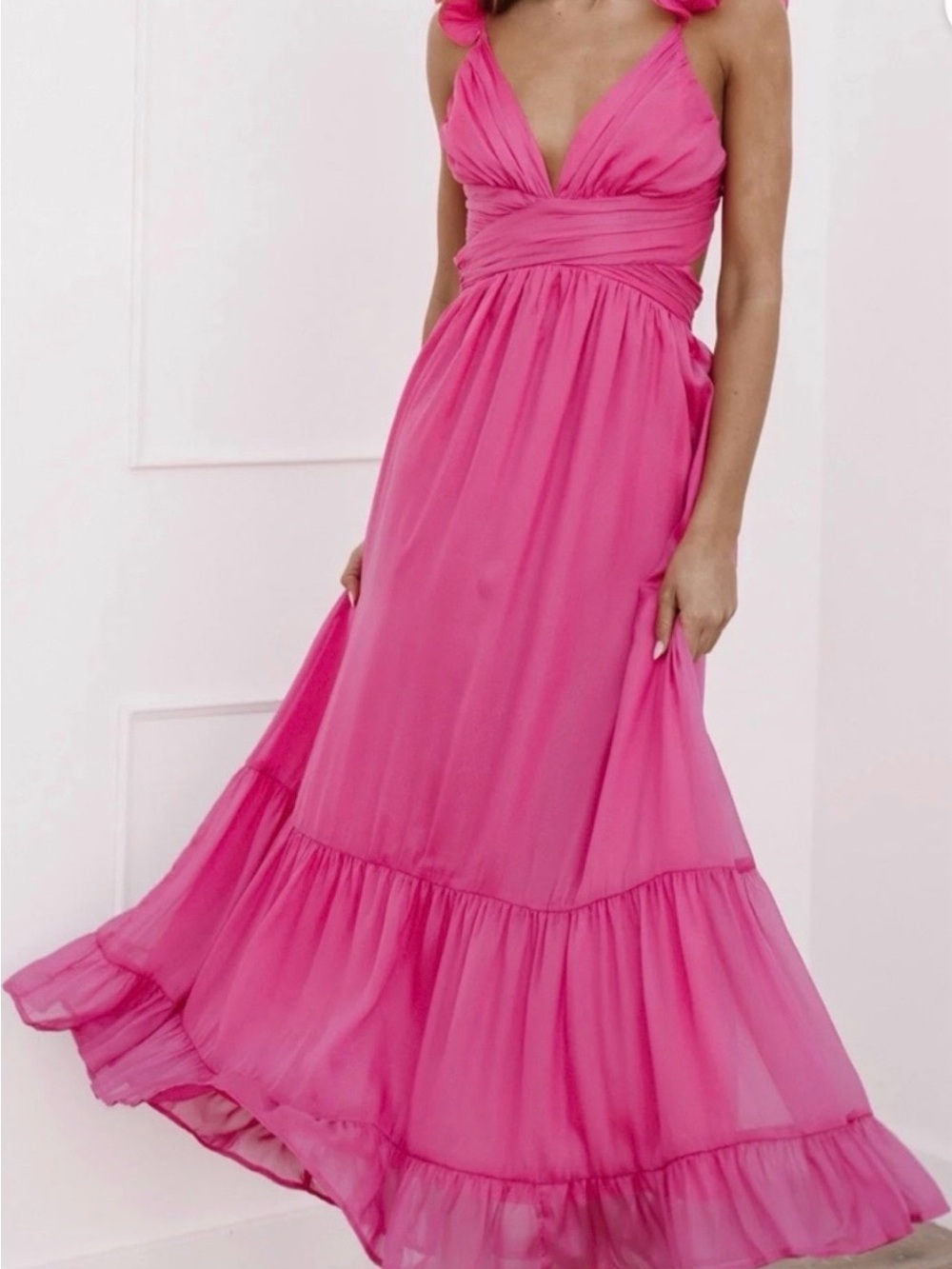 Storia Hot Pink Sunshine V-Neck Ruffled Maxi Dress NWT